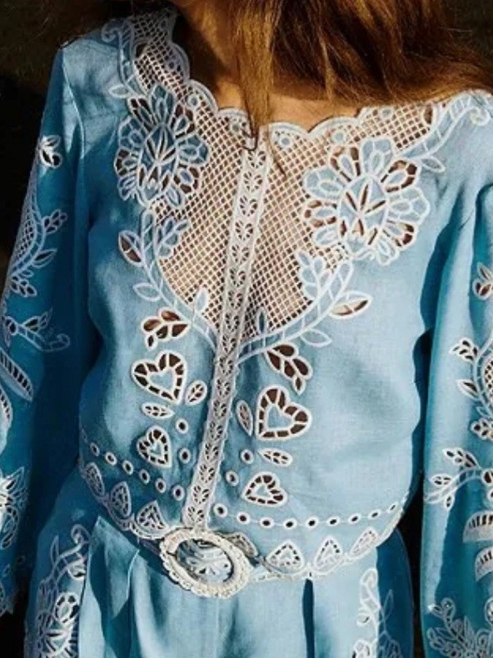 NWT FARM Rio Light Blue Embroidered Peasant Blouse with White Cutwork